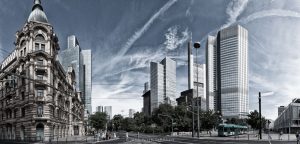 Frankfurt Panorama mit Blick auf MMK Museum für moderne Kunst und Europäische Zentralbank